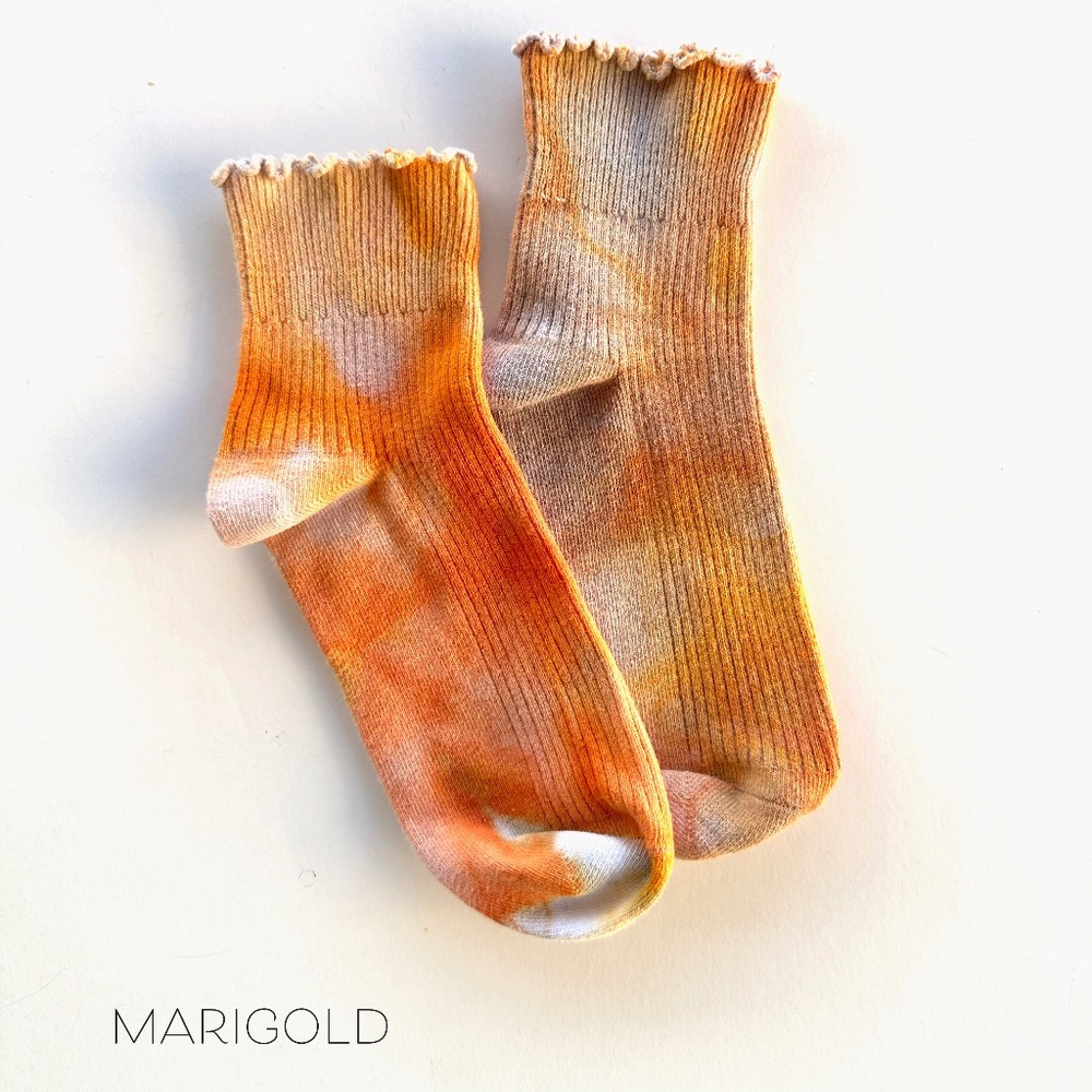 Marigold Golden Orange Tie Dye Ruffle Socks Mid Crew Ice Dye Hand Dyed Socks